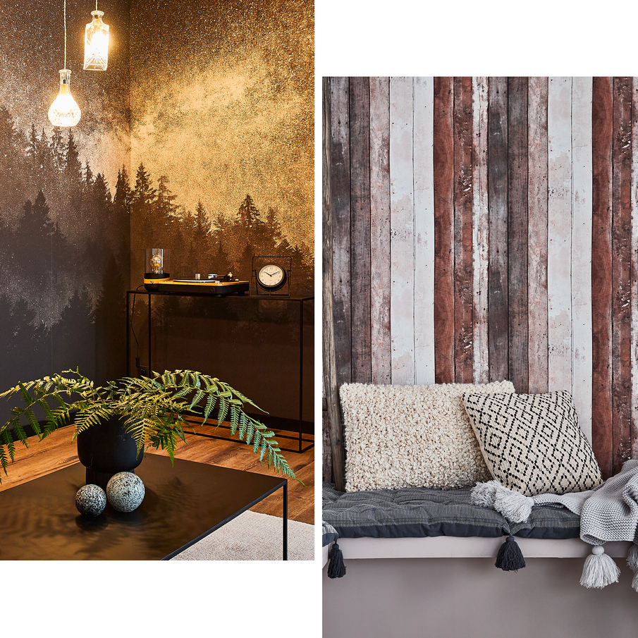 Déco style chalet papier peint imitation bois et paysage forêt