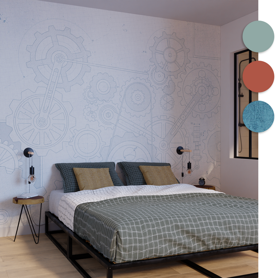 Papier peint engranage dans chambre à coucher style casual avec trois pastilles couleurs