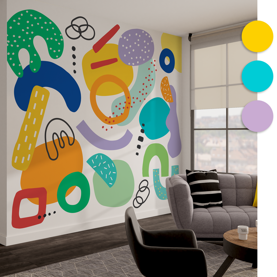 Papier peint panoramique Memphis avec formes abstraites et colorées dans salon