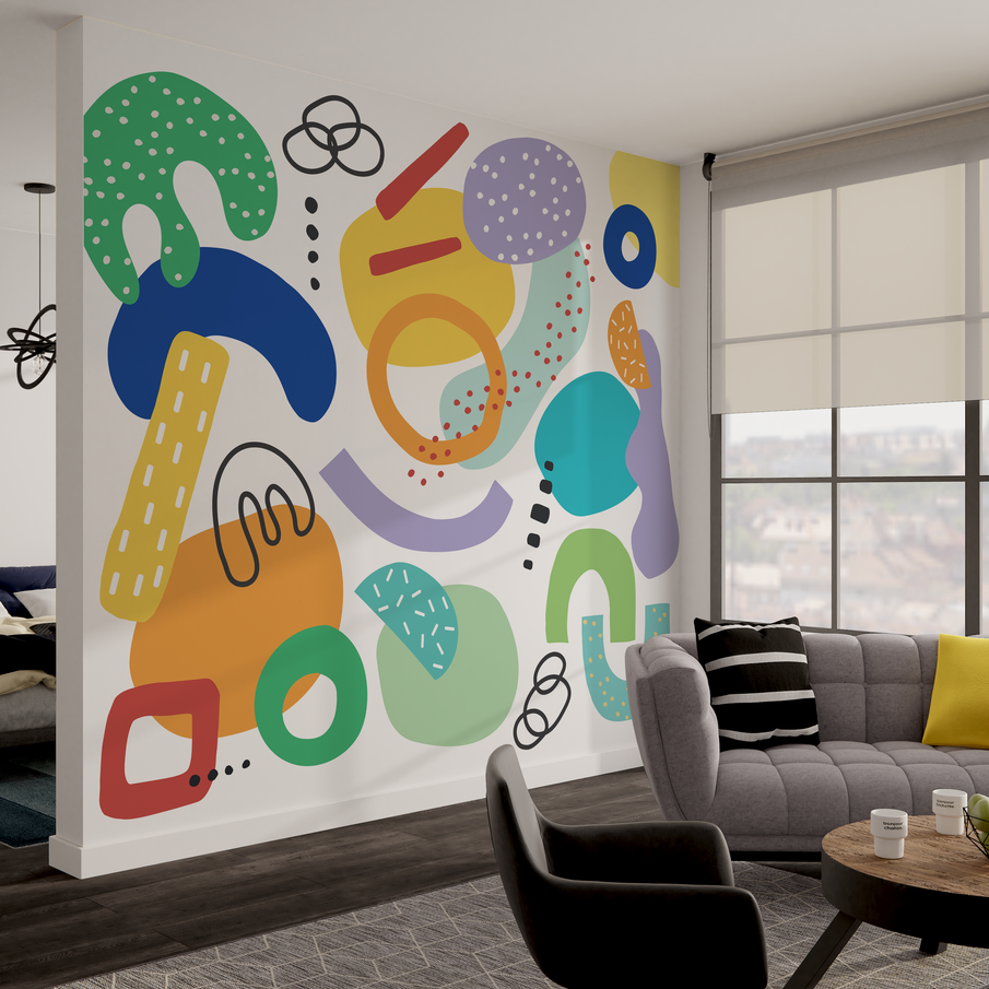 Papier peint panoramique aux dessins abstraits et multicolores dans un salon, Memphis design