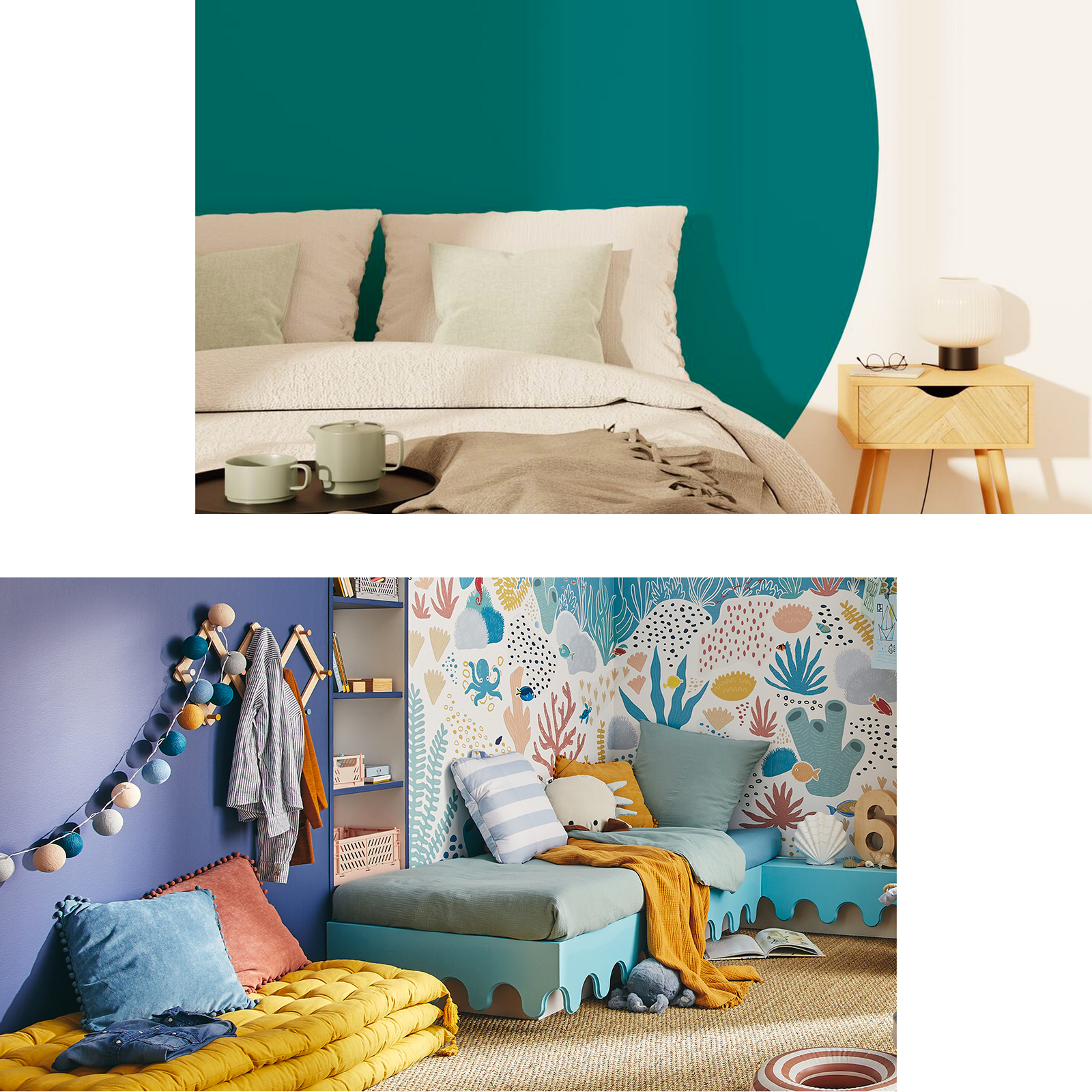 Montage : chambre avec tête de lit ronde bleu paon peinte au mur, chambre enfant thème océan