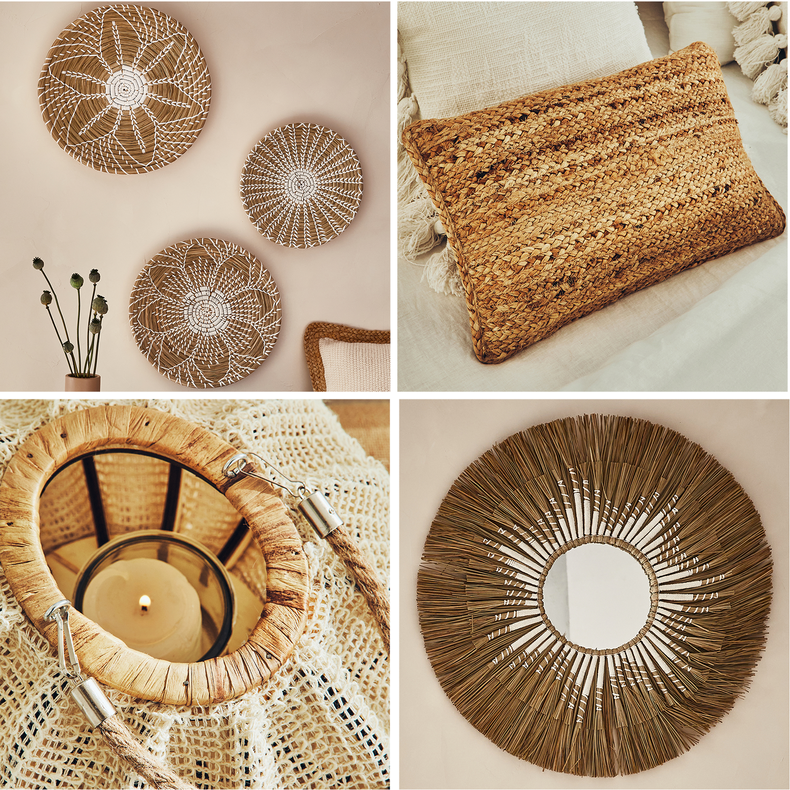 Déco murale, coussin, photophore et miroir en matières naturelles