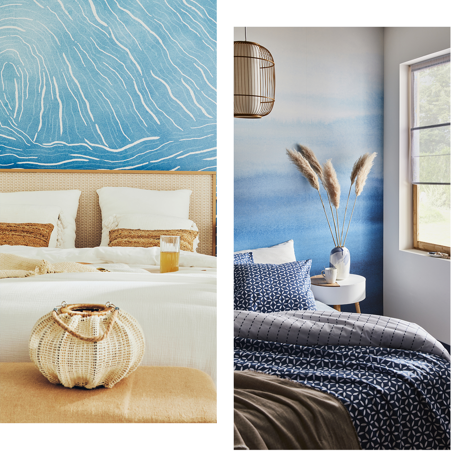 Montage chambre bord de mer : tons bleus et blancs, déco en matières naturelles