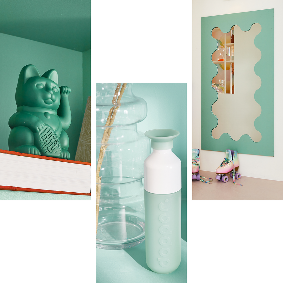 Montage : statuette maneki-neko, gourde et miroir avec cadre couleur vert d'eau