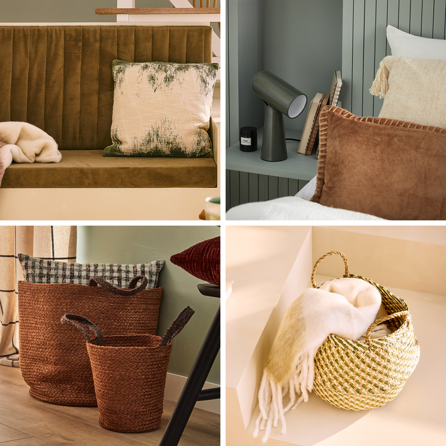 Montage : Coussin beige-vert sur banquette kaki, coussin brun dans lit avec tête de lit sauge, paniers tressés bruns, panier tressé avec plaid