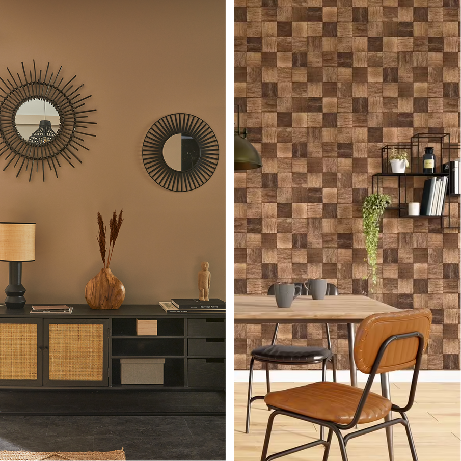 Montage : buffet noir devant mur brun, papier peint à carreaux avec effet bois dans salle à manger casual