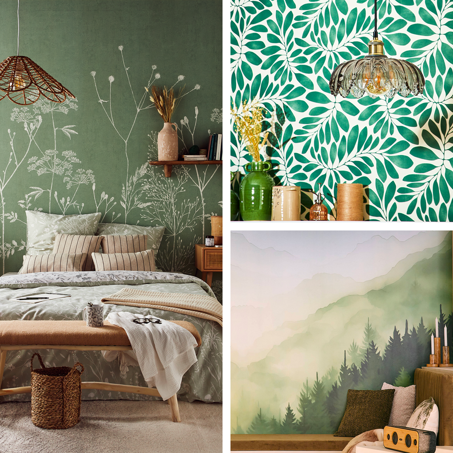 Montage de trois ambiances déco avec des tons verts aux murs