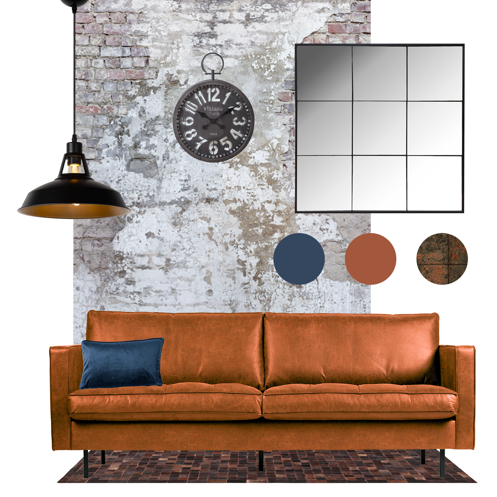 Moodboard : canapé cognac avec coussin bleu nuit avec papier peint imitation mur de brique