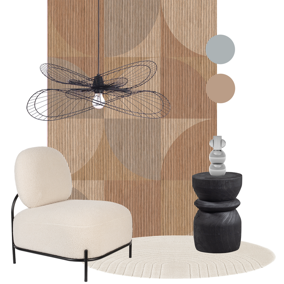 Planche d'inspiration pour un salon contemporain dans les tons brun mocha, gris chromé et noir