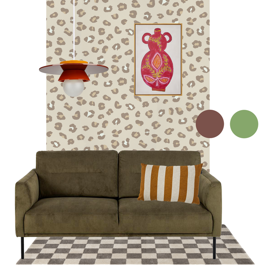 Planche d'inspiration pour un salon style maximaliste dans les tons brun mocha, vert olive et beige