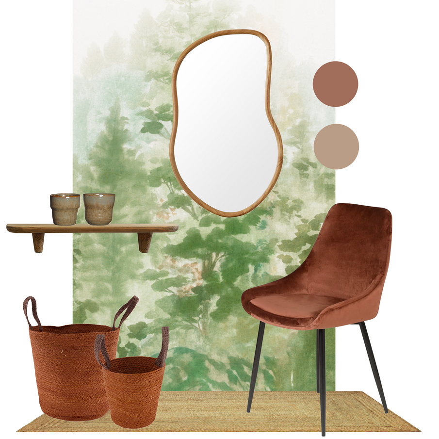 Planche d'inspiration pour un salon nature dans les tons brun mocha, beige et vert forêt