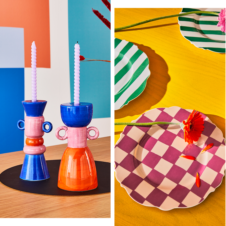 Bougeoirs multicolores et assiettes damier et rayures