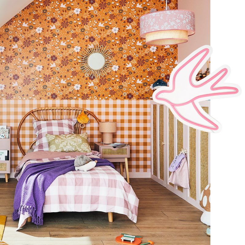 Néon mural rose en forme d'hirondelle pour chambre enfant style fleurs et vichy