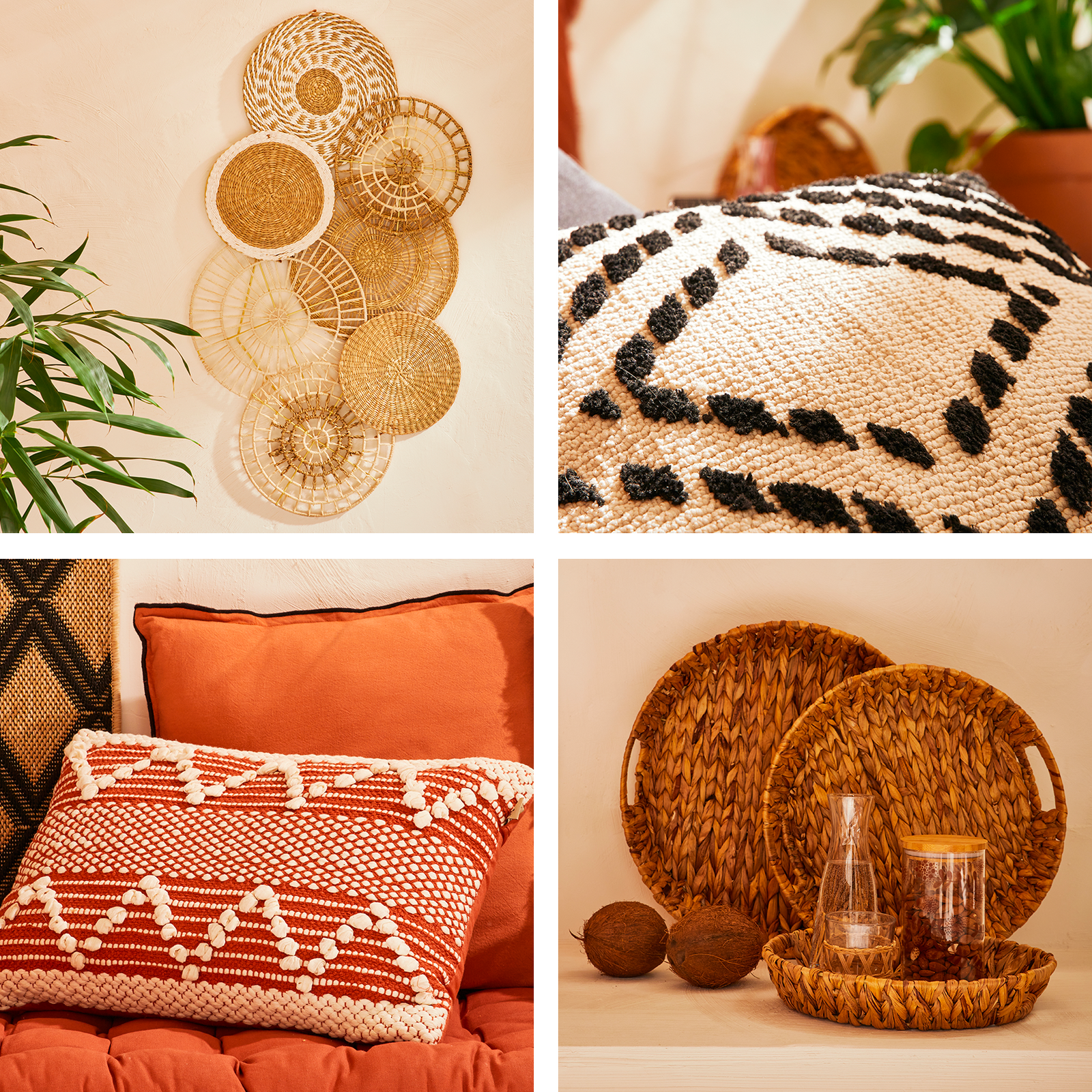 Montage : déco murale en rotin, coussin noir et blanc, coussin orange et blanc et plateaux tréssés