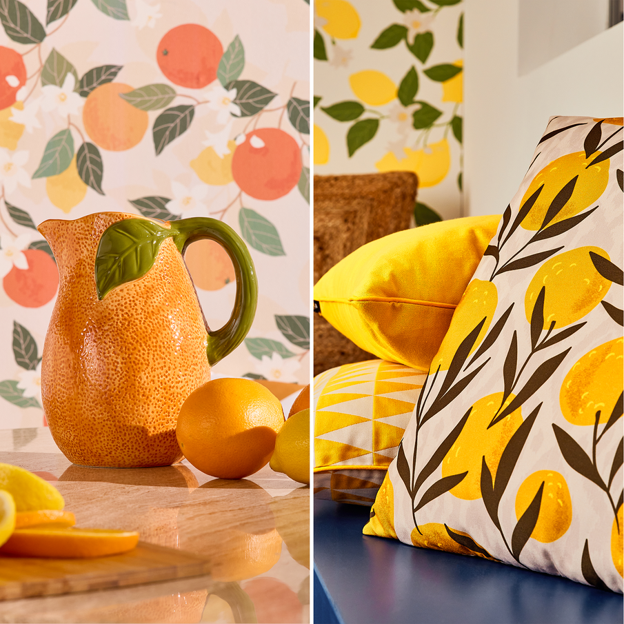 Zooms sur une carafe orange et des coussins jaunes et à motif citron