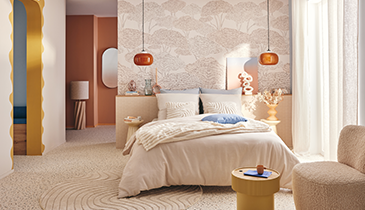 Ambiance de chambre à coucher dans les tons beiges et couleurs pastel apaisante