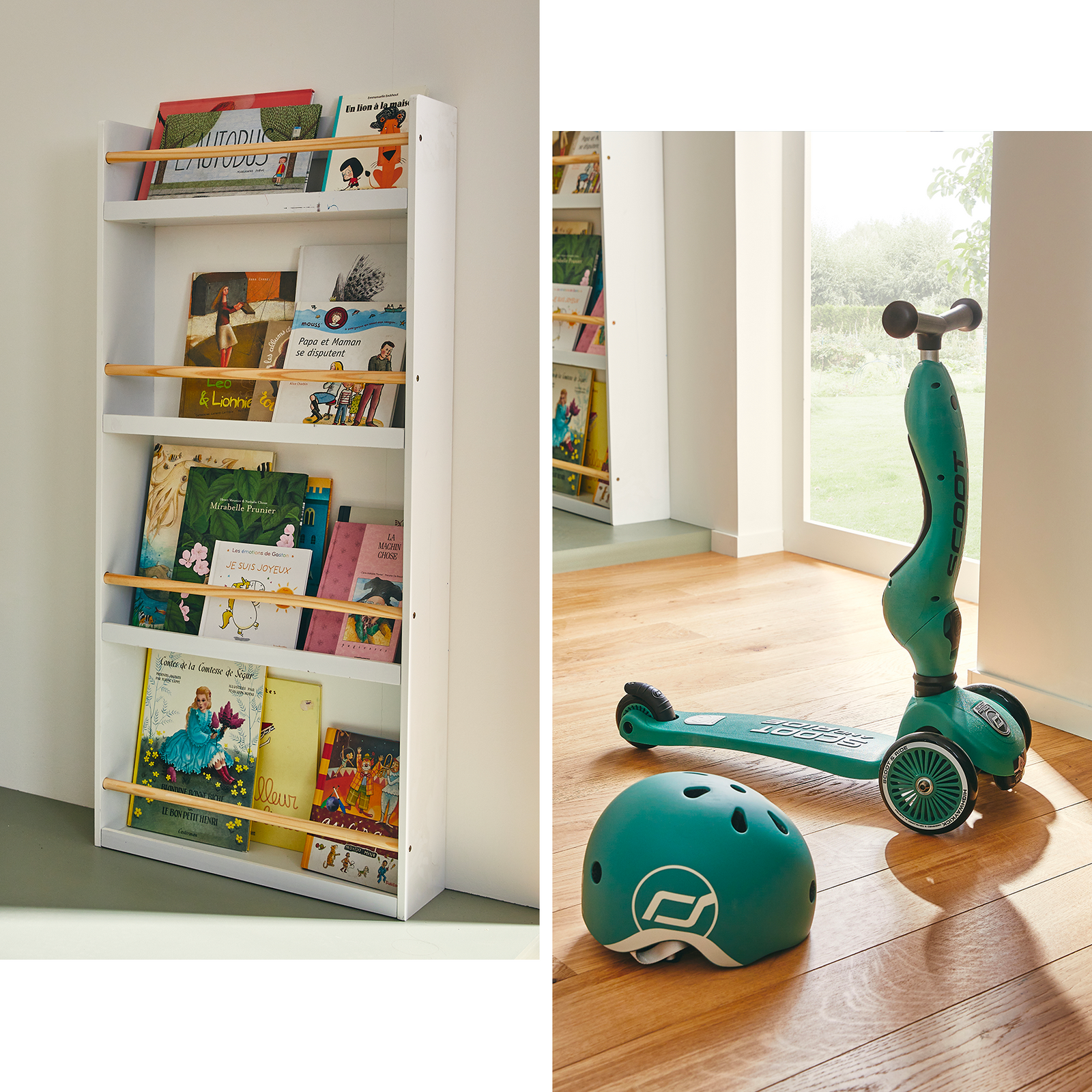 Etagère murale en bois BILLY avec livres, porteur et casques verts Scoot&ride