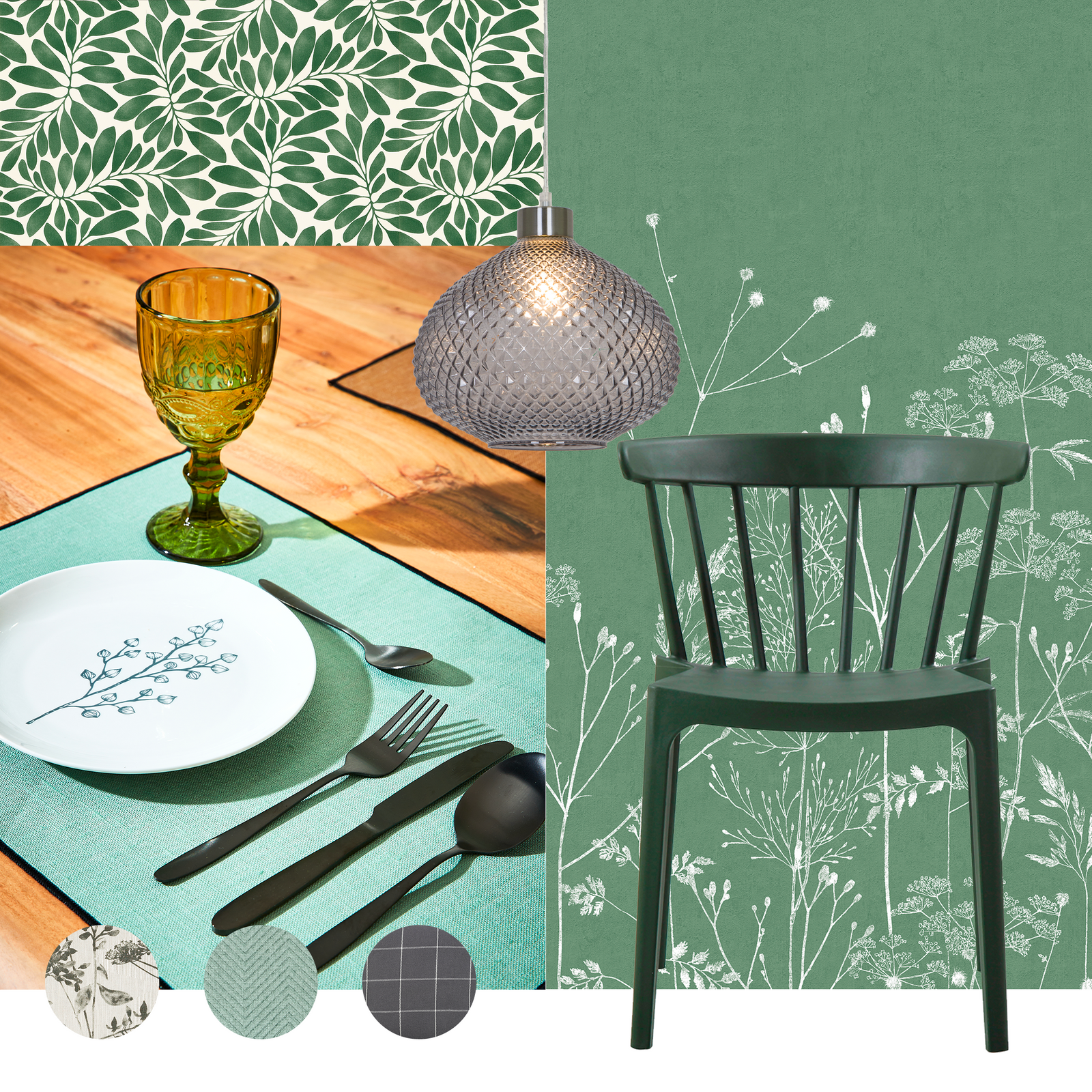 Planche d'inspi pour une salle à manger style campagne chic dans les tons verts