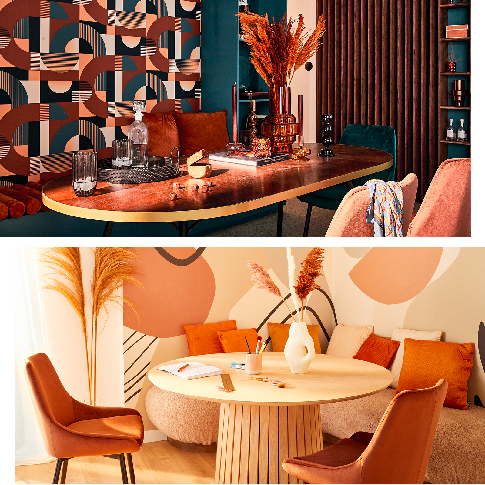 Montage 2 ambiances salle à manger dans les tons bleu-cognac et orangés-beige