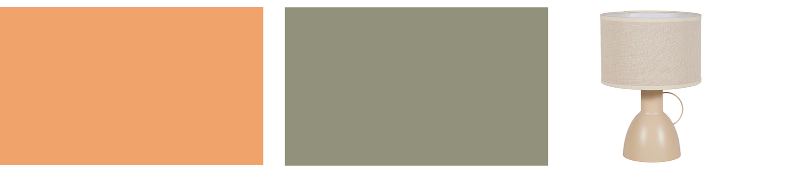 Association de couleurs : peintures melon, vert sauge et lampe à poser crème