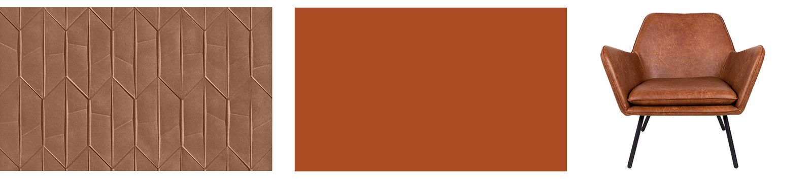 Motif de papier peint brun motifs géométriques, teinte de peinture orange cognac et fauteuil en cuir