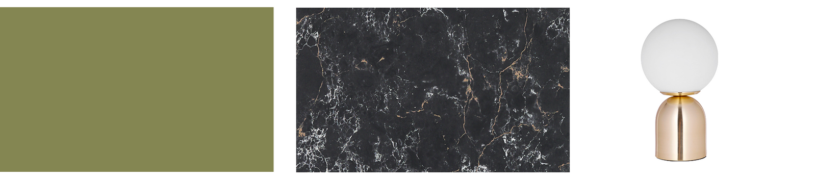 Association de vert olive et papier peint effet marbre noir avec une lampe dorée
