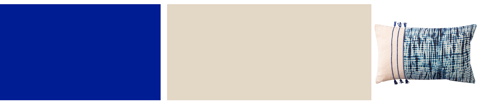 Associations peintures bleu majorelle, beige sable et coussin bleu et beige