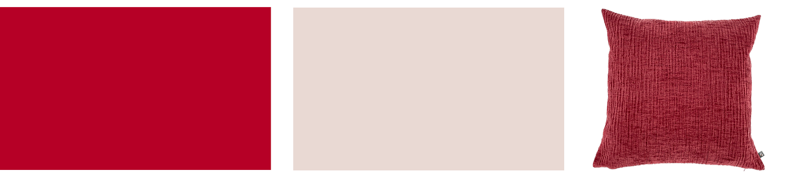 Teintes de peintures rouge carmin, blanc cachemire et coussin carré rouge marsala