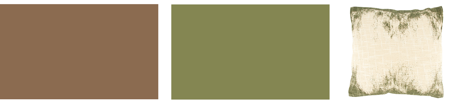 Teintes de peinture brun praline et vert olive et un coussin vert et blanc