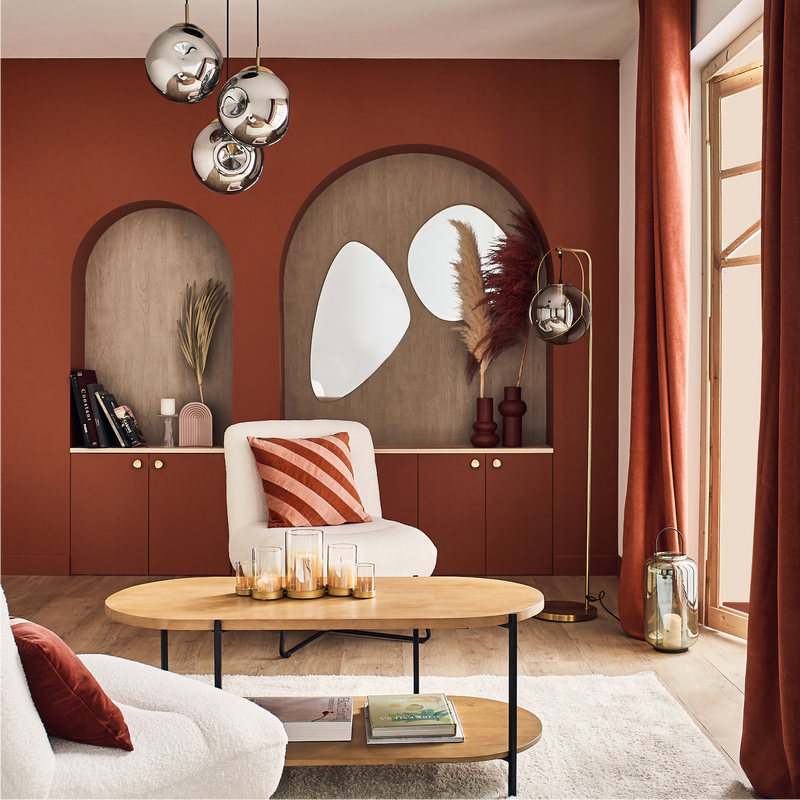 Déco du salon chic couleur terracotta et chrome