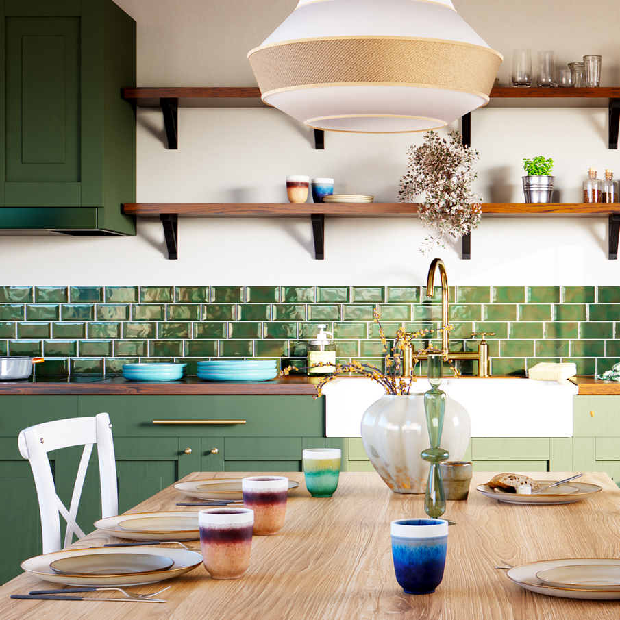 Cuisine vert forêt et bois, avec table en bois dressée pour le goûter