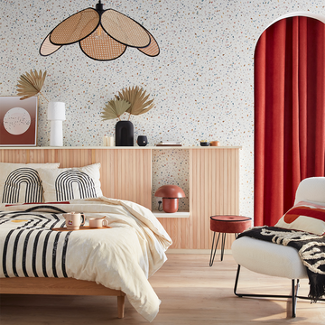 Déco chambre style minimaliste, tons beige et terracotta