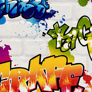 Papier peint brique blanche avec graffiti colorés