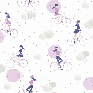 Papier peint avec fille sur vélo sur fond de confettis et nuages