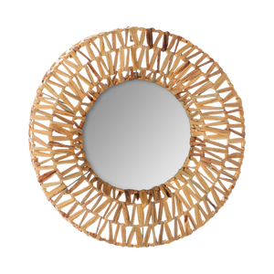 miroir rond au cadre tressé en rotin