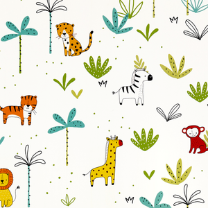 Papier peint enfant avec dessins fauves, zèbre, girafe et singe