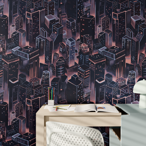 Papier peint vue nocturne sur buildings dans un bureau