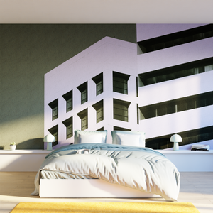Décor panoramique avec un immeuble blanc dans une chambre à coucher