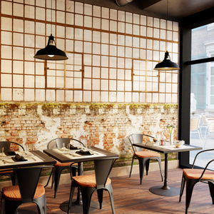 Décor panoramique effet loft industriel dans restaurant
