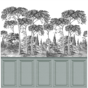 Papier peint motif arbre gravure et soubassement moulures vert de gris