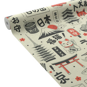 Papier peint avec motifs japonais en beige, noir et rouge