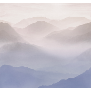 Papier peint panoramique dessin de montagne brumeuse tons violets