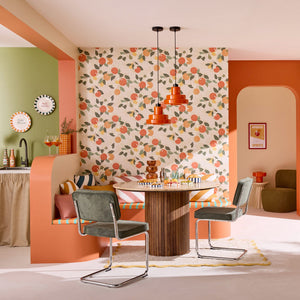 Coin repas style vintage avec papier peint agrumes