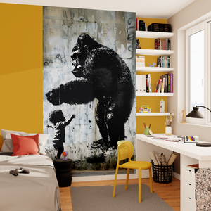 Décor panoramique avec gorille et enfant dans une chambre ado couleur jaune