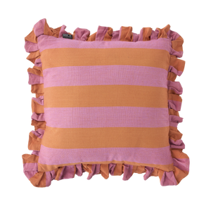 Coussin à franges rayé orange et rose