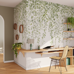 Décor panoramique feuillage tombant dans un coin bureau