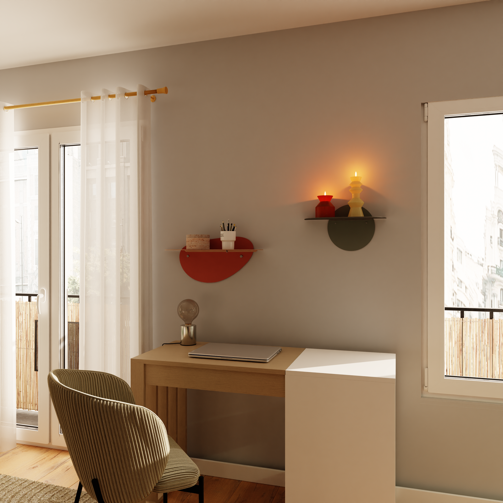 Coin bureau dans séjour aux couleurs neutres 