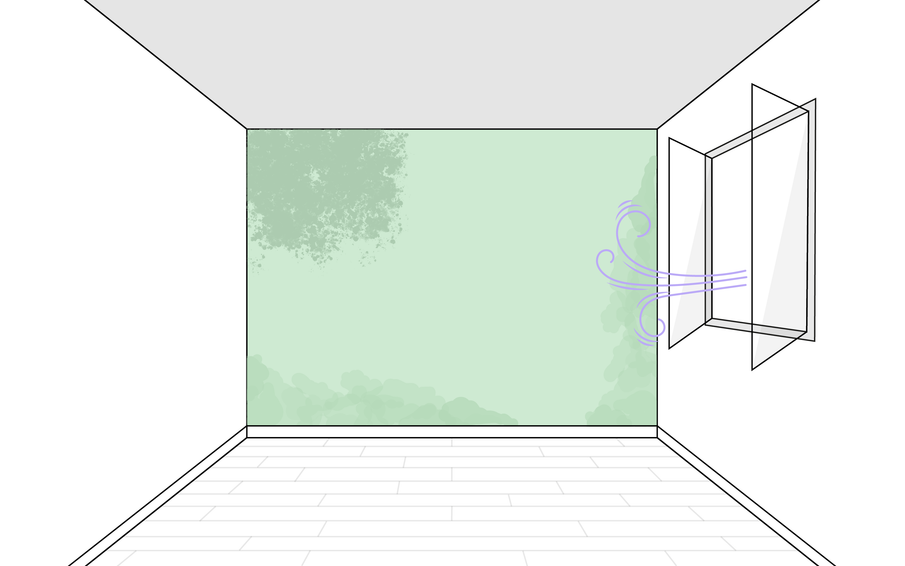 Dessin d'une pièce aux murs humides avec fenêtres ouvertes pour aérer