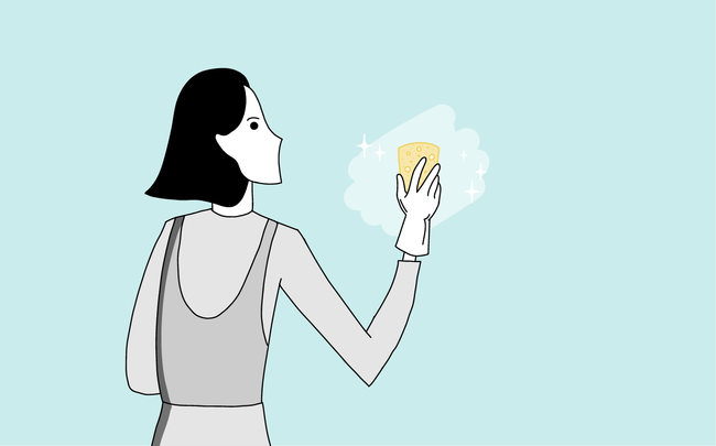 Dessin d'une personne qui lessive un mur à l'aide d'une éponge jaune