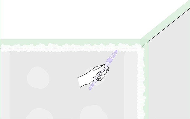 Dessin d'une main qui peint l'angle d'un mur avec un pinceau à rechampir